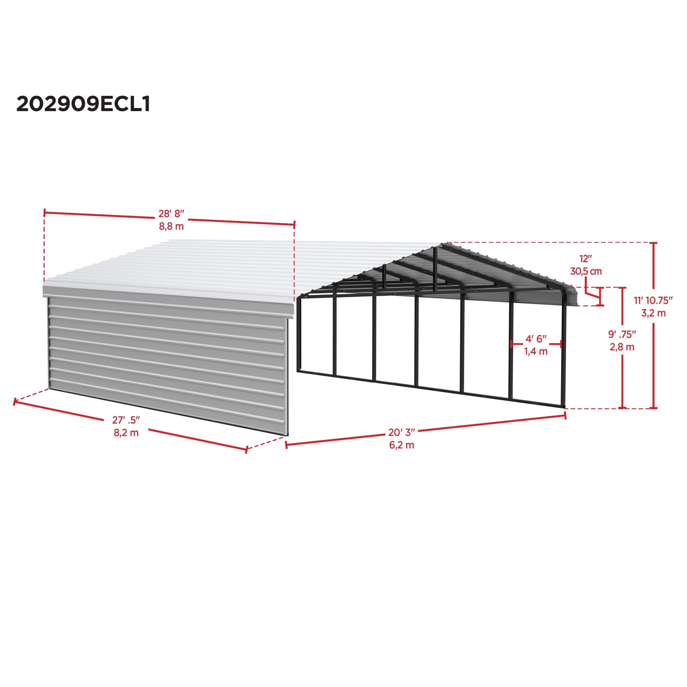 Arrow 20 x 29 x 9 ft Eggshell Carport With 1 Side Wall Kit