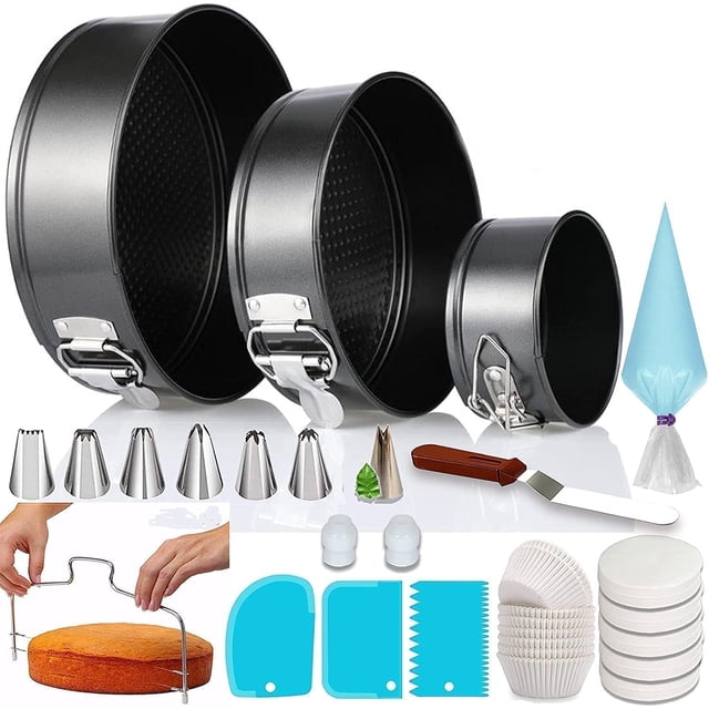 Set Completo de 100 Piezas para Hornear y Decorar Pasteles: 3 Moldes Springform Antiadherentes (4, 7, 8 Pulgadas), Boquillas, Nivelador y eBook