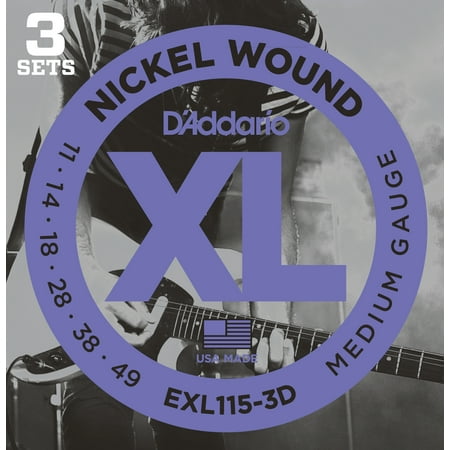 D'Addario EXL115-3D Nickel Wound Electric Guitar Strings, 3 Sets, Medium/Blues-Jazz Rock, 11-49, 3