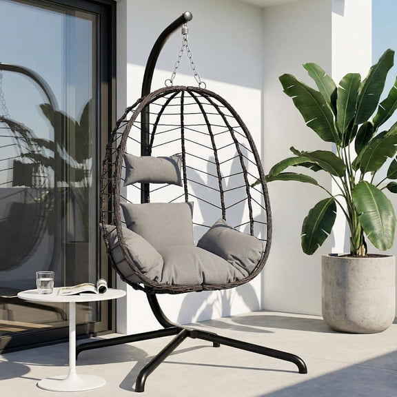 Hanging Egg Chair with Stand, Swinging Basket Chair with Cushion, Outdoor Indoor Wicker Hammock Chair, 350 lbs Capacity for Porch, Balcony, Backyard, Garden (Grey)