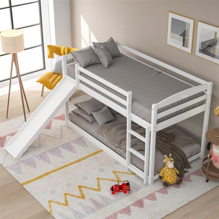 Low Bunk Beds  Twin over Twin Bunk Bed with Convertible Slide and Ladder  Wood Floor Bunk Bed Frame with 15inch High Guardrail for Kids Boys Girls  White