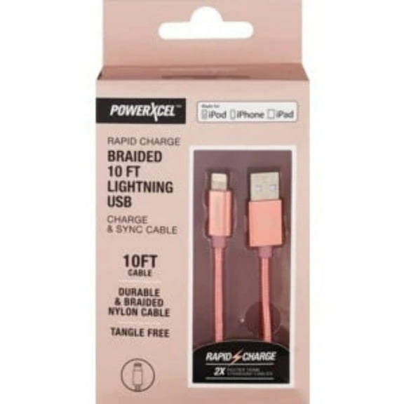 PowerXcel Rapid Charge Braided Lightning USB Charge  Sync Cable, Rose Gold, 10 Ft | CVS