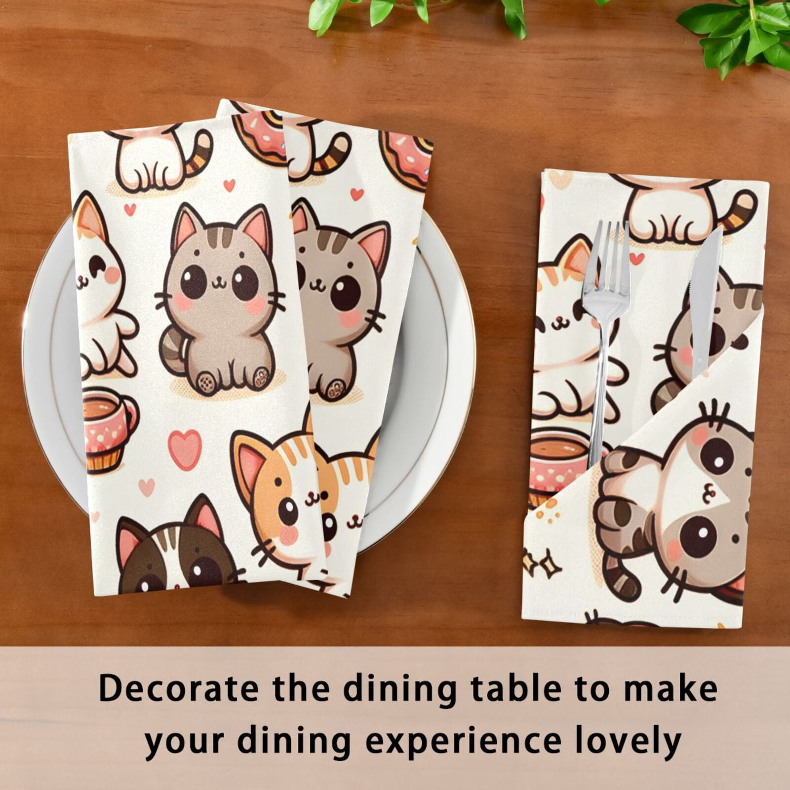 JSTEL Kitten Cat Donut Cloth Napkins Set of 6, 20x20 Inch Washable and Reusable Napkin for Decoupage Dinner Party Everyday Use