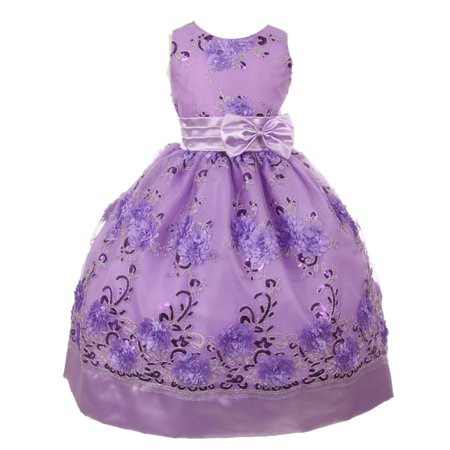 - Girls Lilac Floral Sequin Bow Adorned Junior Bridesmaid Dress