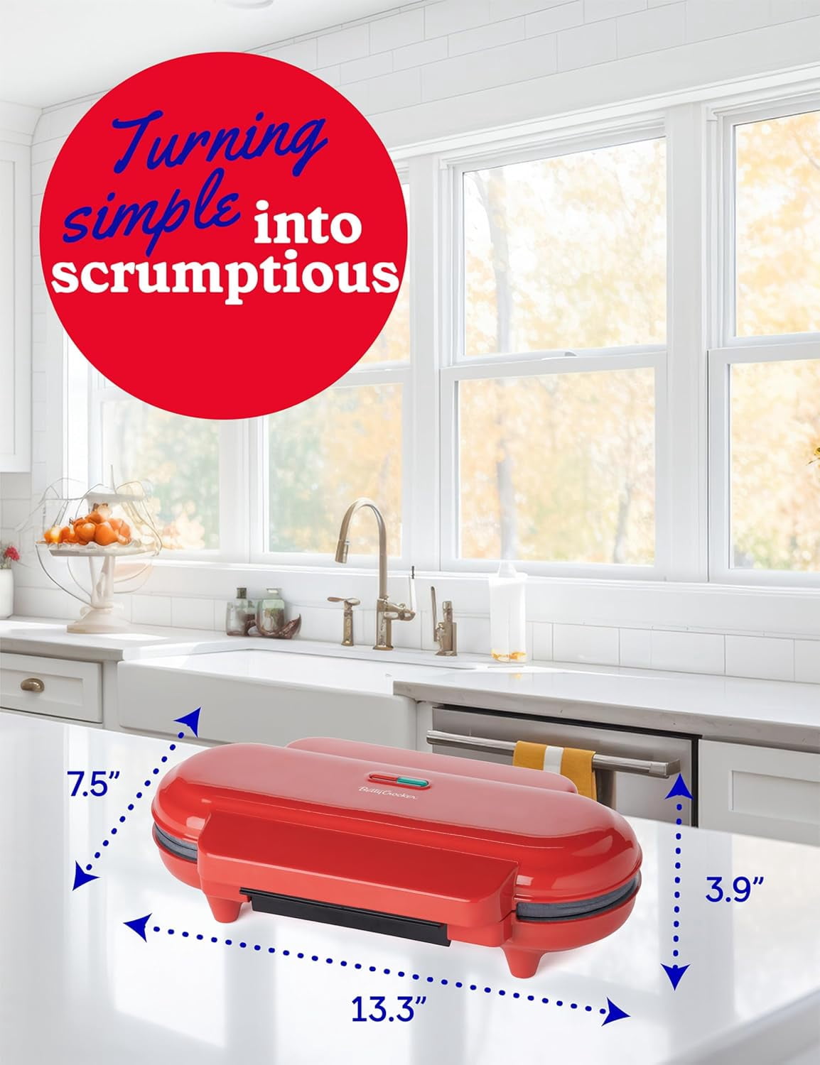 Betty Crocker Mini Waffle Maker, 550W Compact Kitchen Appliance, Quick & Even Heat for Home and Kitchen, Makes 4.5" Waffle, 4.9" Non-Stick Plates, Recipes Included, BC-4888R, Red