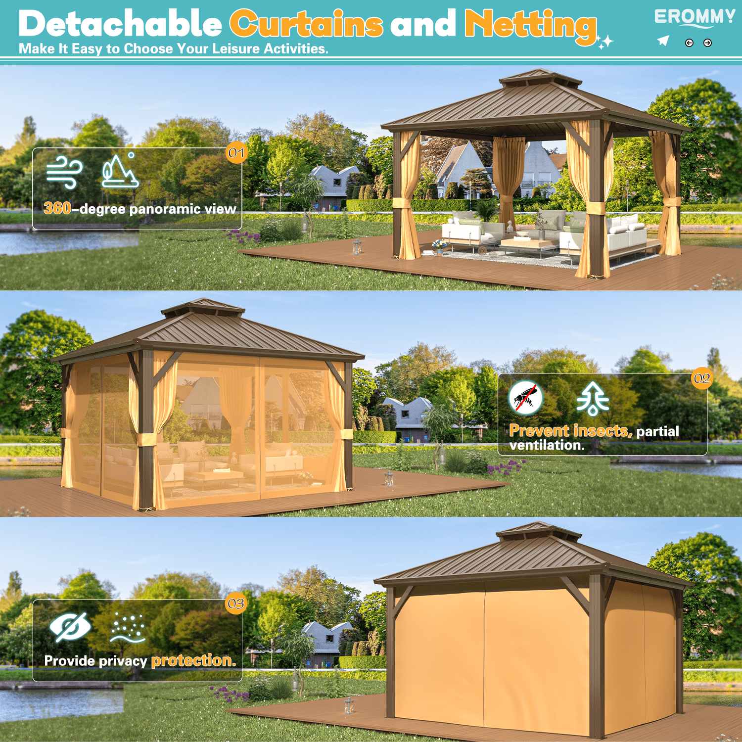 EROMMY 12'x12' Hardtop Gazebo with Galvanized Steel Double Roof & Aluminum Frame, Outdoor Gazebo