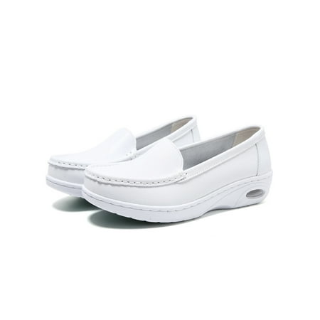 

Fangasis Womens Loafers Air Cushion Nurse Shoe Slip On Flats Ladies Casual Shoes Walking Breathable Comfort Wedge Loafer White 4