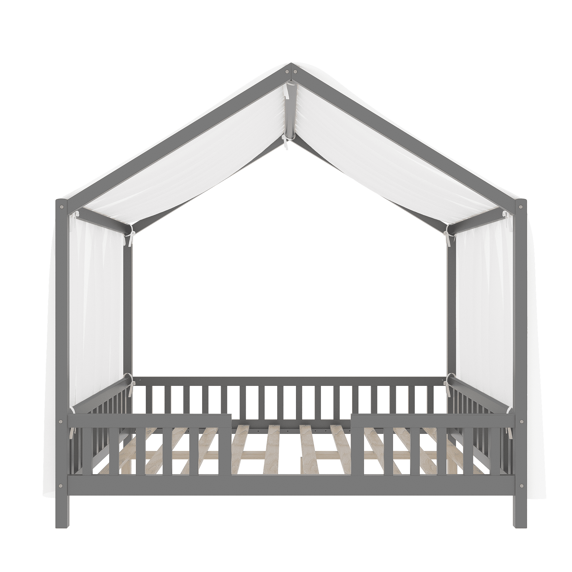 Harper & Bright Designs Montessori Floor Bed with Canopy and Roof, Full Wood House Shape Bed Frame with Railings for Girls Boys Bedroom, Grey