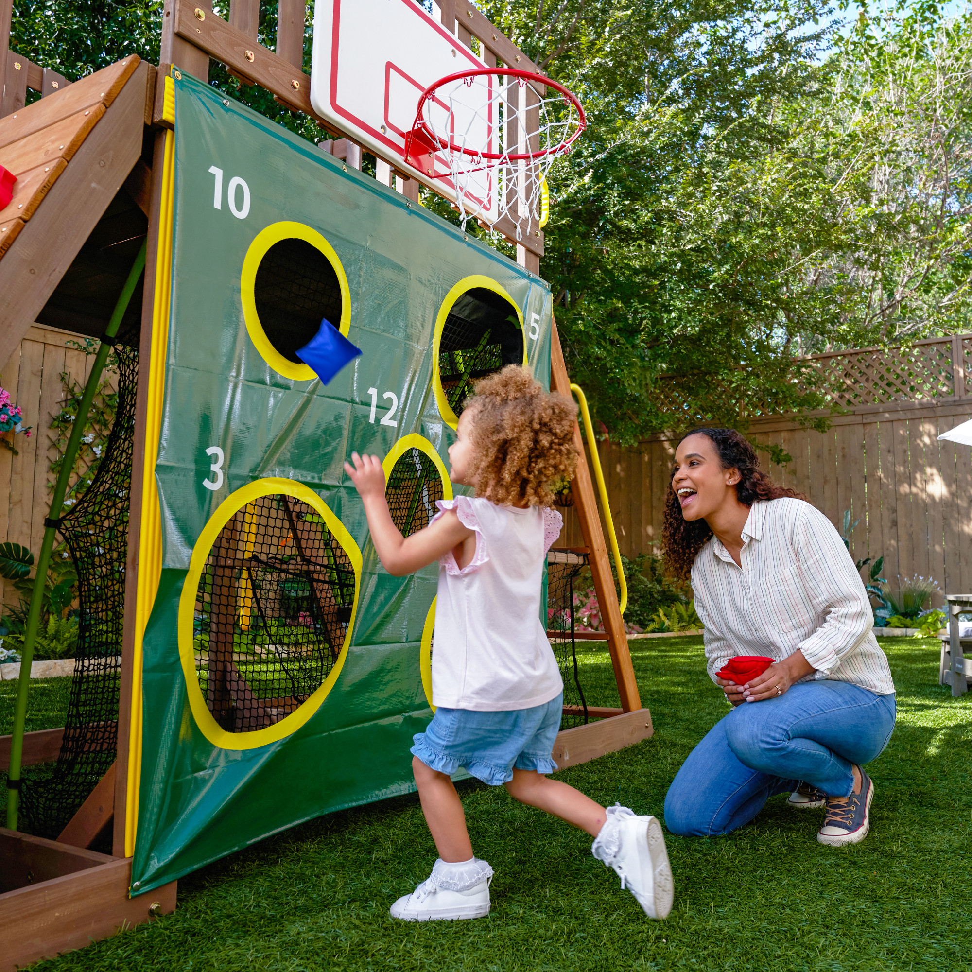 KidKraft All-in-One Sports Adventure Wooden Outdoor Playset with Rock Wall, Basketball Goal and Sports Equipment