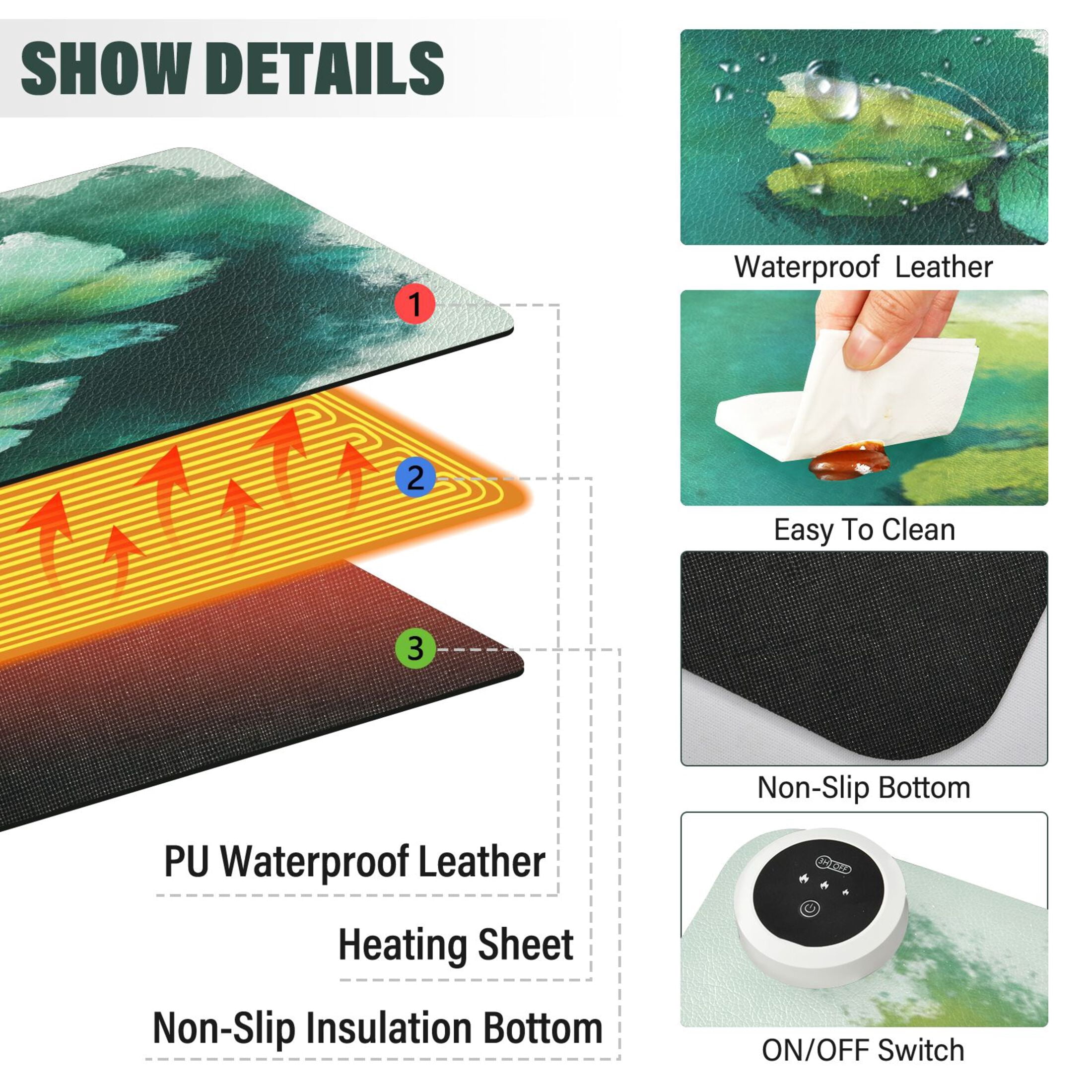 Large Heated Desk Mat Mouse Pad 31.5"x13"PU Leather Graphene Heating Desk Warmer with 3 Temperature Settings 110V US Plug Non-Slip Warm Pad for Home, Office, and Gaming Deep Green Butterfly Whisper