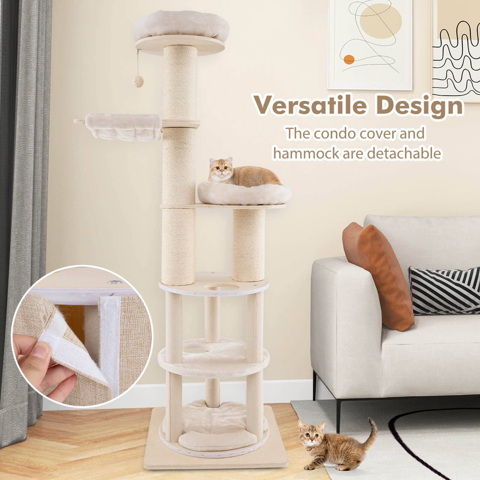 Infans 74" Tall Wooden Cat Tower Tree w/ 2-Story Cat Condo  2-Style Hammocks