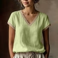 thumbnail image 2 of Diufon Cotton Linen Tops for Women Lace Trim V Neck Short Sleeve Shirts Summer Fashion Vacation Boho Blouses, 2 of 7