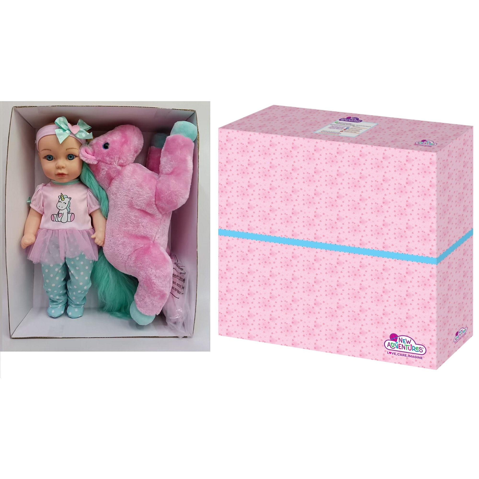 Little Darlings: 15" Hop On Baby Set - Unicorn, Pink, Green - Hard Body Baby Doll, Large Plush Unicorn, Hat & Accessories, New Adventures, Kids Age 3+