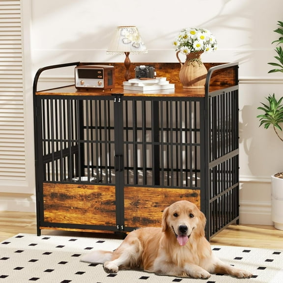 41" Dog Crate Furniture with Adjustable Bowls, Indoor Furniture Style Wooden Dog Kennel, Decorative Dog Cage End Table for Small, Medium Dogs, Brown