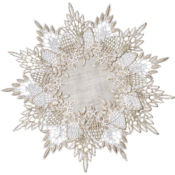 Linen Round Doily, 30cm/11.81in Beige Table Cover with Lace Trim Coffee Table Topper Round Tablecloth for Dining Room Kitchen Table Decor