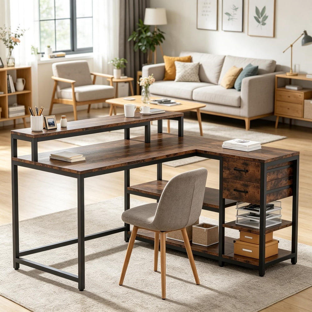 L-Shaped Corner Desk with Shelves & Drawers, Monitor Riser Workstation, E1 Particle Board Metal Frame Computer Desk for Home Office Gaming