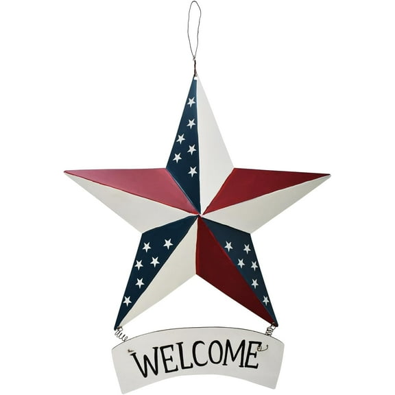 4th of July Metal Star Barn Patriotic Welcome Sign Hanging Wall Decoration, American Star Decor US Flag Barn Star Door Hanger Sign Indoor Outdoor Wall Art Decor for Independence Day Labor Day
