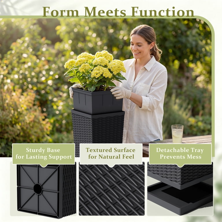 Devoko 32" Tall Outdoor Planters, Set of 2 with Trays photo 3