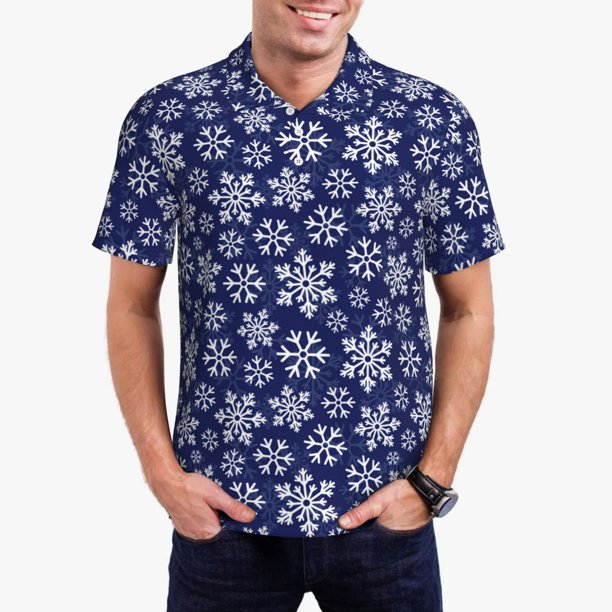 Fotbe Snowflakes On Dark Blue Camiseta Polo de Golf para Hombre con Estampado – Camisa Deportiva Transpirable con Cuello Abotonado-Large