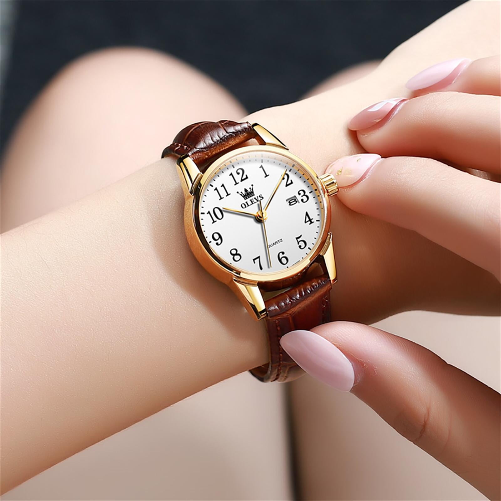 OLEVS Watches for Women Luxury Dress Analog Quartz Easy Read Digital Date Classic Luminous Brown Leather Strap Waterproof Female Wrist Watches Relojes para Mujer