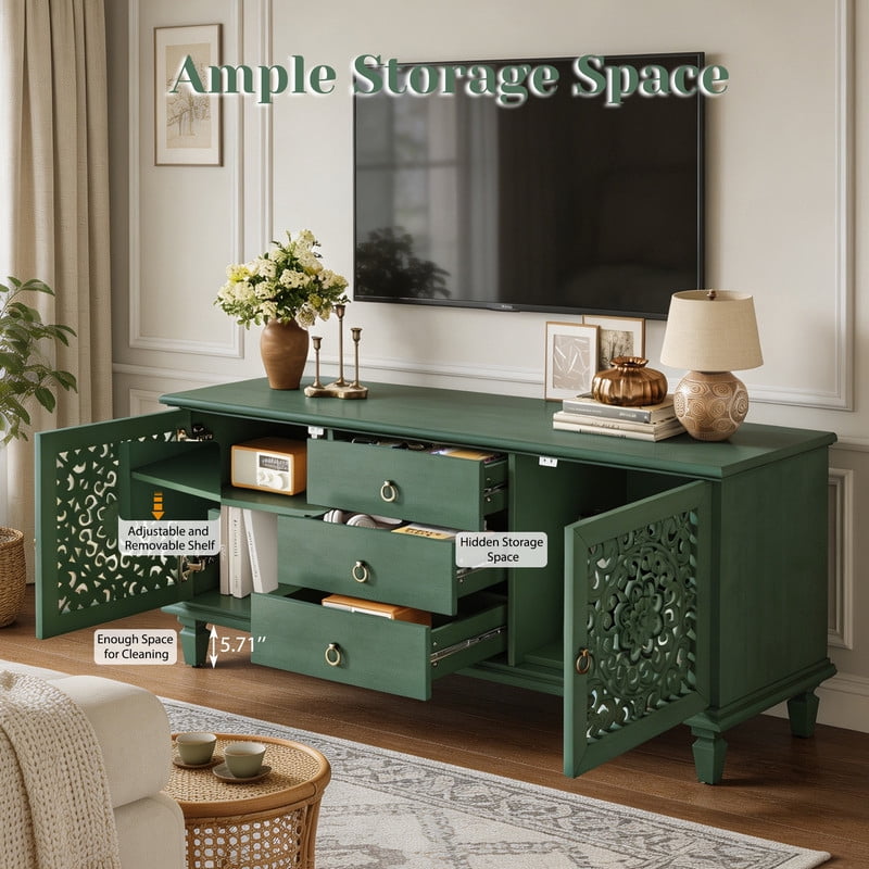 Vintage TV Stand with Carved Doors for 65'' TVs, Freestanding Storage Cabinet Media Console with Drawers & Adjustable Shelf