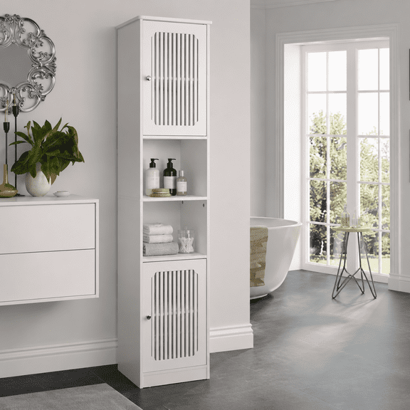 64" Bathroom Tall Cabinet With Adjustable Drawer Shelves, Louvered Door Floor-Standing Storage Unit, Multi-Tiered Vertical Narrow Storage Cabinet for Bathroom, White