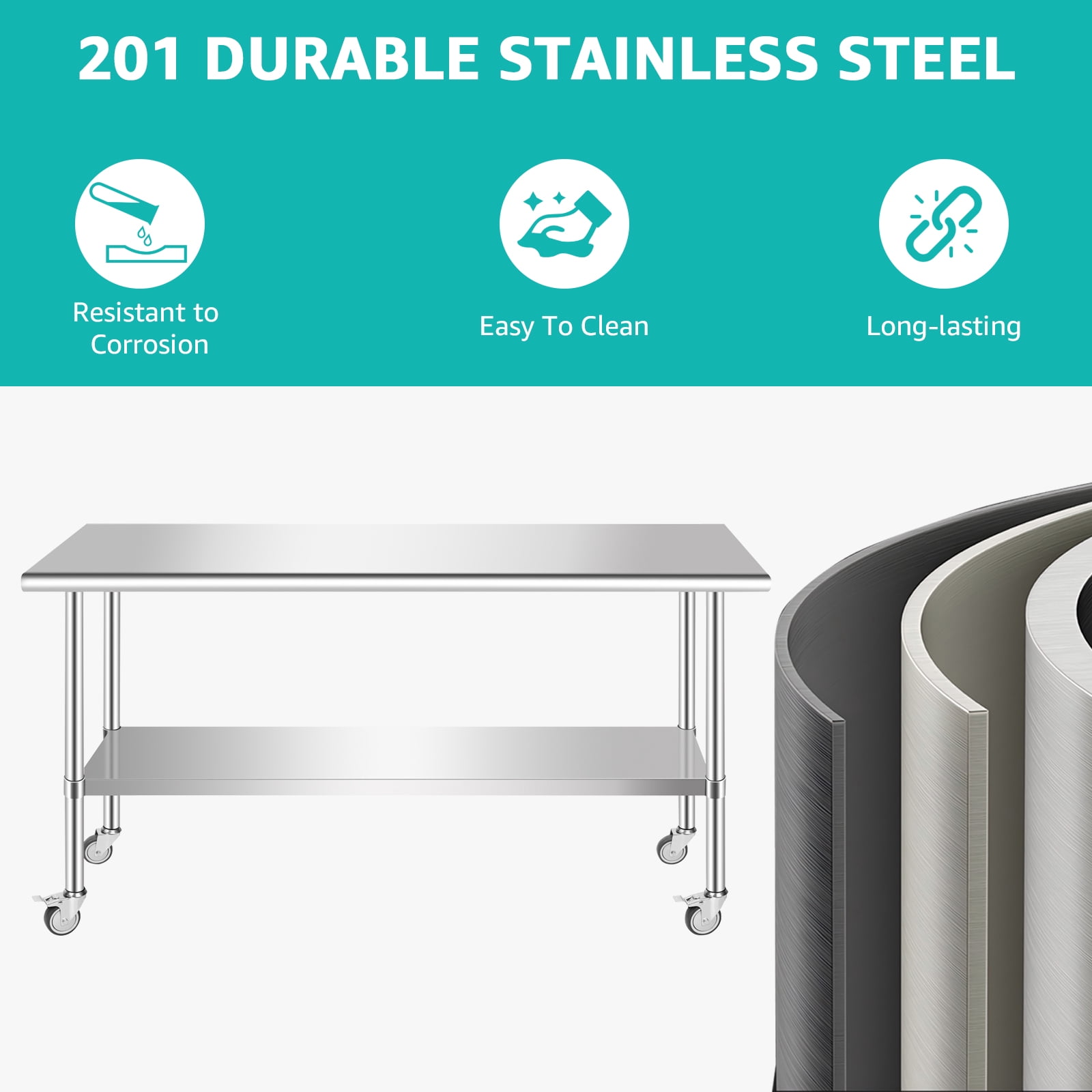 PRIJESSE Stainless Steel Work Table 48 x 30 Inch Stainless Steel Table w/ Undershelf, Casters, Commercial Kitchen Work & Prep Table