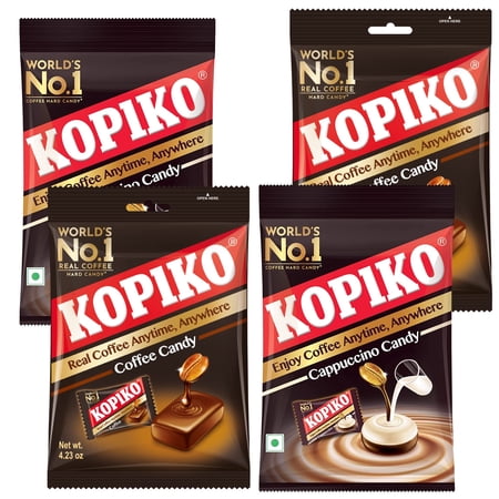 Pocket Candy Variety Pack DNF2 - 4 Bags of Kopiko Coffee and Cappuccino Candies With BELLATAVO Fridge Magnet
