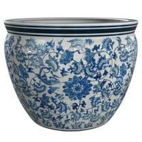 Red Lantern 16" Floral Blue & White Porcelain Fishbowl Planter