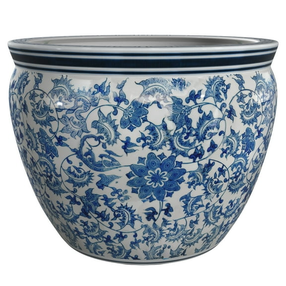 Red Lantern 12" Floral Blue & White Porcelain Fishbowl Planter