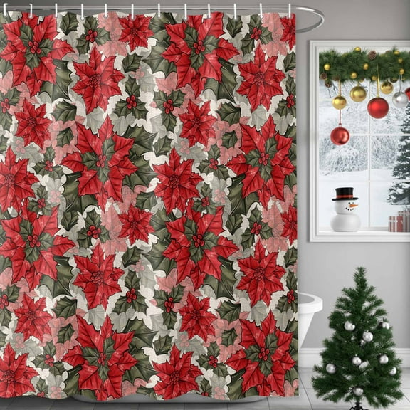 Christmas Poinsettia Shower Curtains for Bathroom, Green Holly Leaves Waterproof Fabric Shower Curtain for Bathroom Bathtub Decoration, Machine Washable, 60"x72"