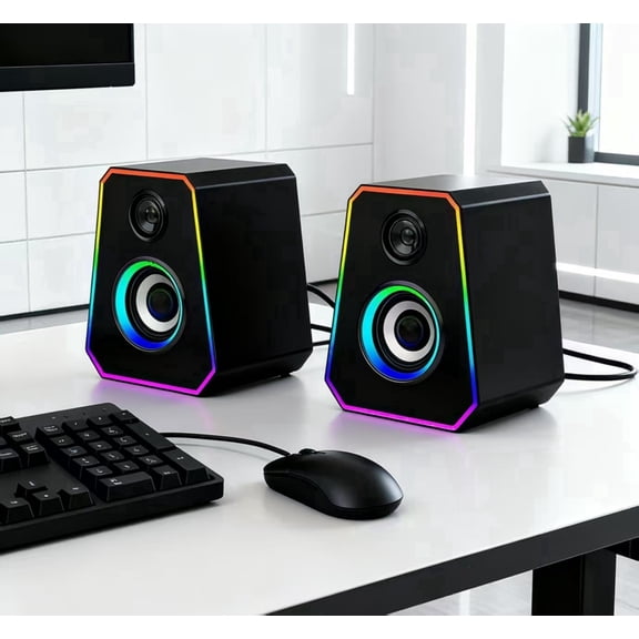 RGB Computer Speakers, USB-Powered PC Speakers with Color LED Backlight, 3.5mm Aux Compact Soundbar for Desktop, Laptop, Tablet – Crisp Audio & Space-Saving Design