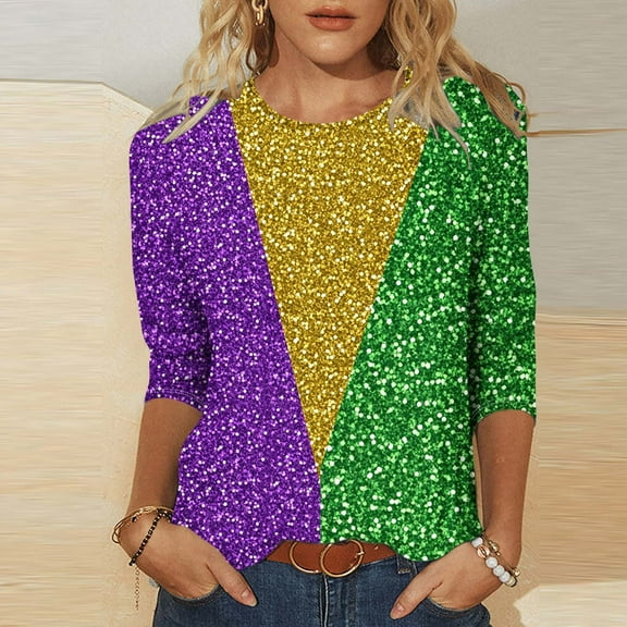 SOOMLON Mardi Gras Tops for Women Tuesday Shirts Carnival Themed Party 3/4 Sleeve Outfits Funny Color Block Graphic Tshirts Tunic Crewneck Tops New Orleans Holiday Blouses 2025 Multicolor XL