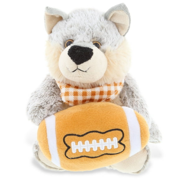 DolliBu Sitting Wolf Stuffed Animal with Football Plush - Soft Plush Huggable Wolf, Adorable Playtime Plush Toy, Cute Wildlife Gift, Football Plush Doll Animal Toy for Kids and Adults - 9 Inch