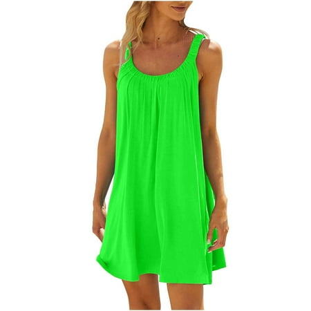 Taqqpue Women Casual Swing T-Shirt Dress Bikini Beach Cover up Plain Pleated Flowy Tank Dress Daily Party Beach Dress Round Neck Summer Sundress