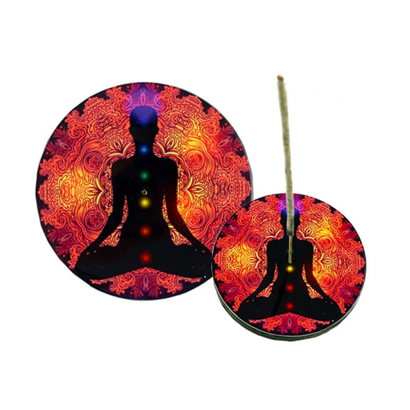 7 Chakras Round Wooden Ash Catcher Incense Stick Holder Stand 4"