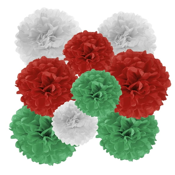 8" 10" 12" Tissue Paper Pom Poms, 18PCS Pom Poms Paper Flowers Ball Tissue Paper Flowers Assorted Size for Wedding Bridal Shower Birthday Party Backdrop Decoration, Green Red White
