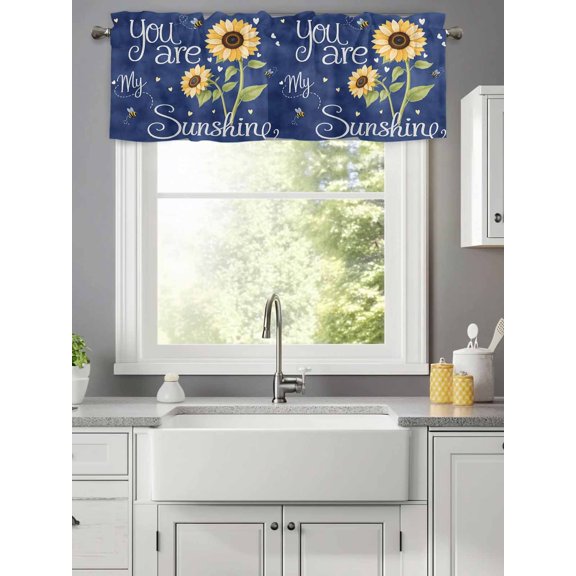 You Are My Sunshine Words Valances for Windows,Kitchen Valance Rod Pocket Short Curtain,Farm Sunflowers Bee on Blue Valance Curtain Window Valances for Bedroom Living Room 42x12in