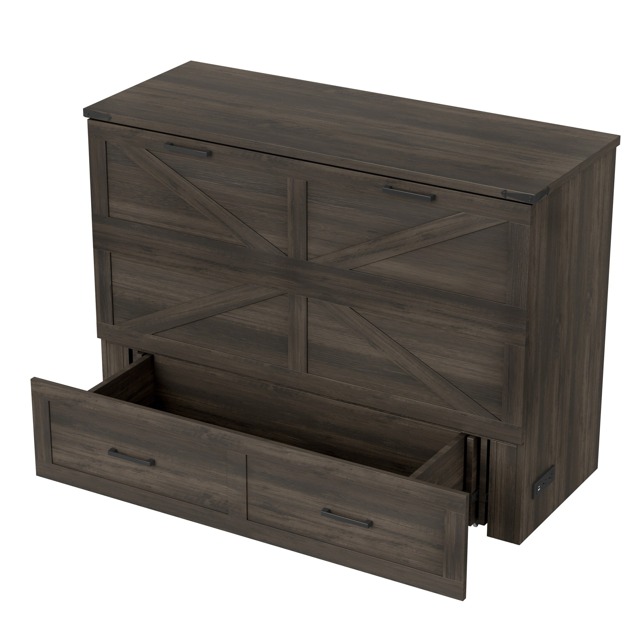Noble House Full Size Farmhouse Murphy Cabinet Bed with Charging Station and Storage Drawer, Foldable Platform Bed,Gray
