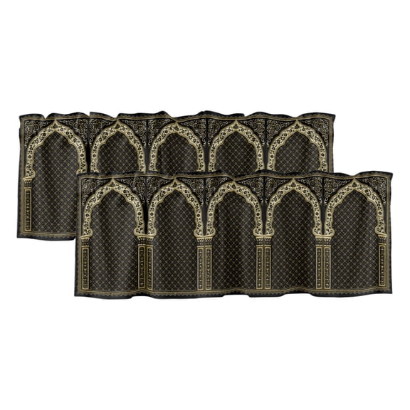 Boho Archway Curtain Valances for Windows, Kitchen Valance Window Treatments Panel 2 Pack, Black Traditional Ethnic Symmetrical Floral Rod Pocket Short Curtains for Bathroom Bedroom 54 x 18 Inch