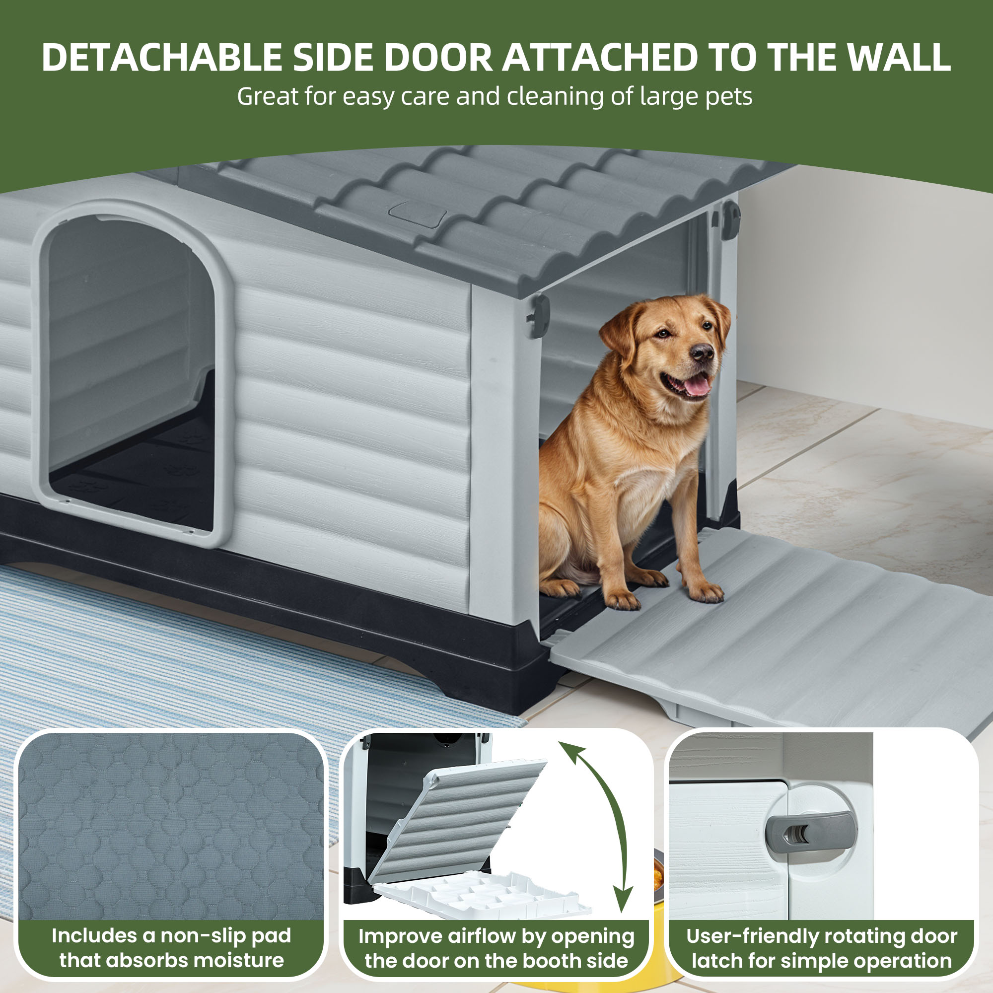 Uforic 36" Waterproof Plastic Dog House with Porch & Cushion, Outdoor Indoor Double Door Doghouse,Gray,36''Lx 27.1''Wx 26"H