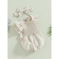 thumbnail image 4 of Baby Girls Summer Casual Romper Short Ruffle Sleeve Crewneck Plaid Playsuit with Headband, 4 of 9