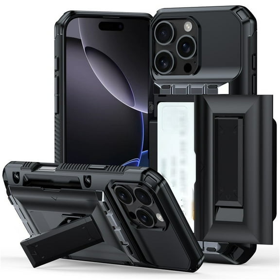 Case For IPhone 16 Pro Max/16 Pro/16 Plus/16, Slide Wallet Cover Military Grade Drop Protection Case Built-in Stand Case