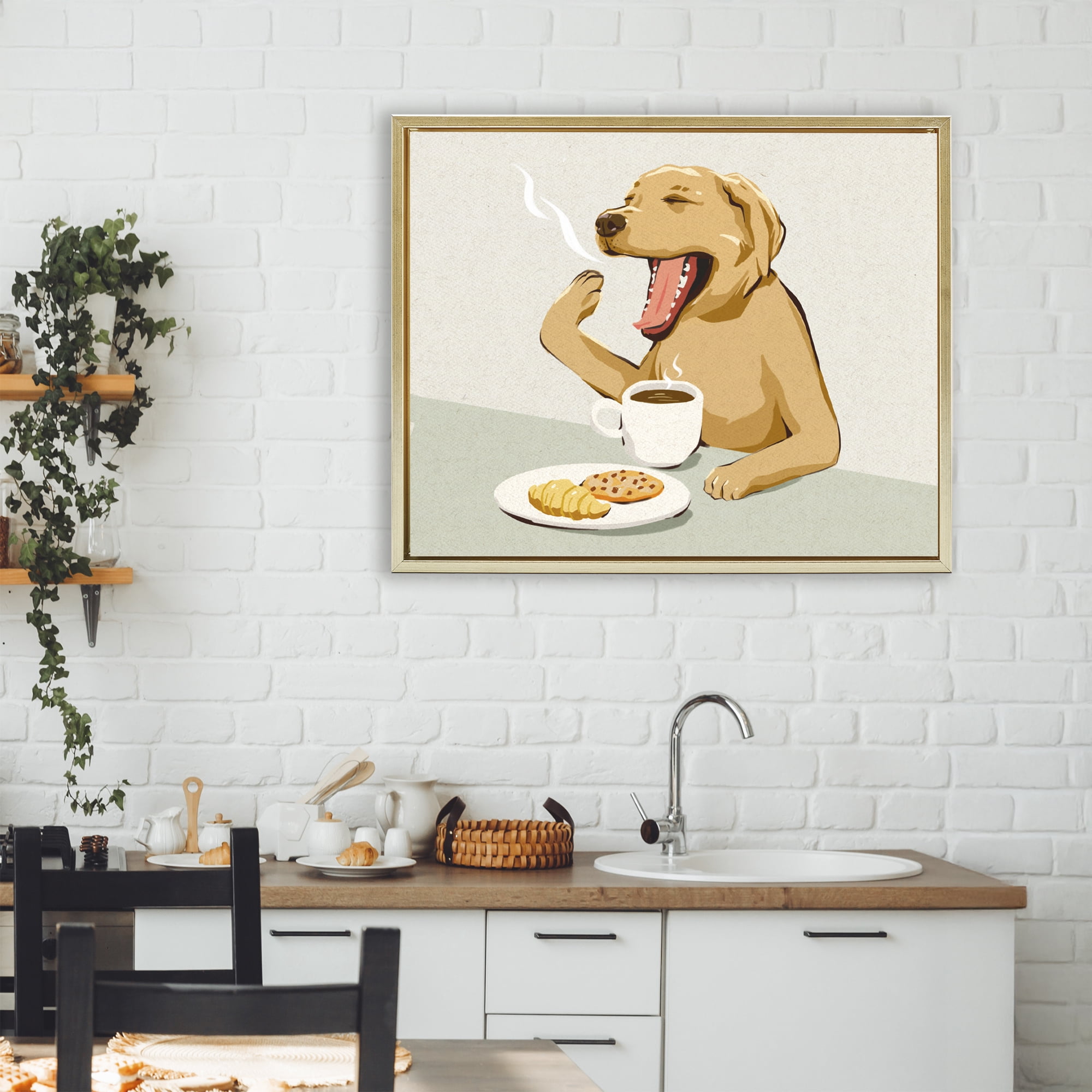 Stupell Industries Yawning Dog with Morning Coffee Gold Framed Floater Canvas Wall Art, design by Ziwei Li