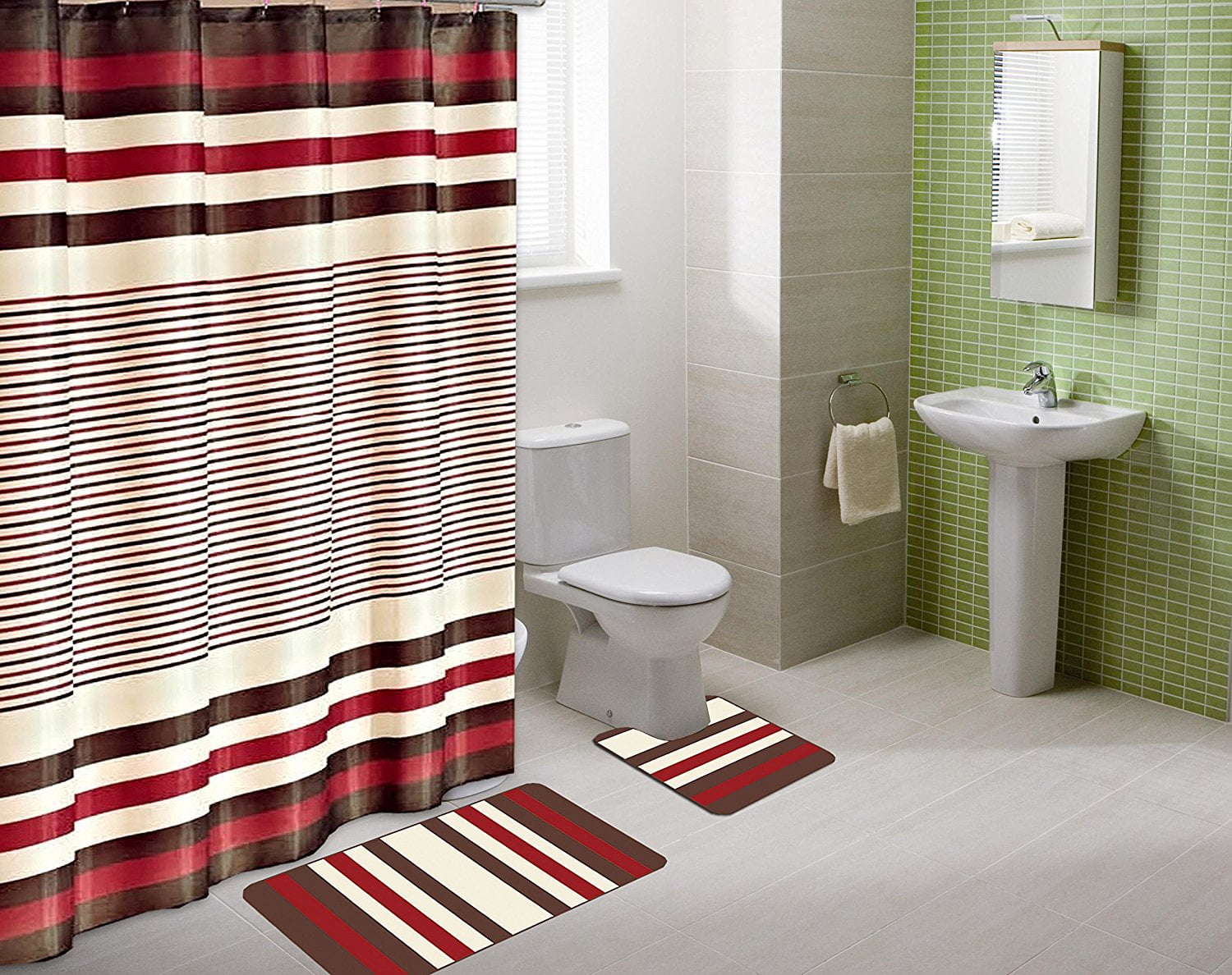 1BURGUNDY WINRY 15-piece Hotel Bathroom Sets - 2 Non-Slip Bath Mats Rugs Fabric Shower Curtain 12-Hooks BURGUNDY WINRY