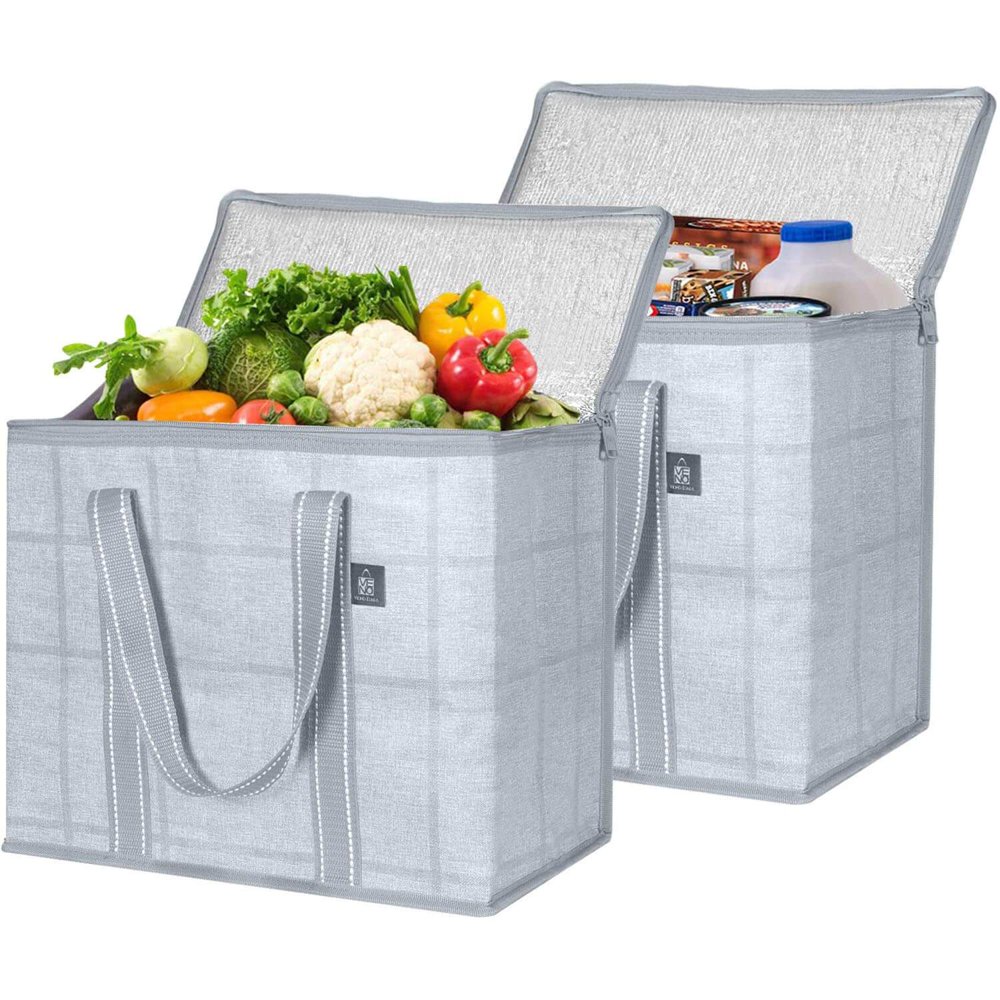 2 Pack Insulated Reusable Grocery Bag with Cardboard Bottom Gray/Windowpane