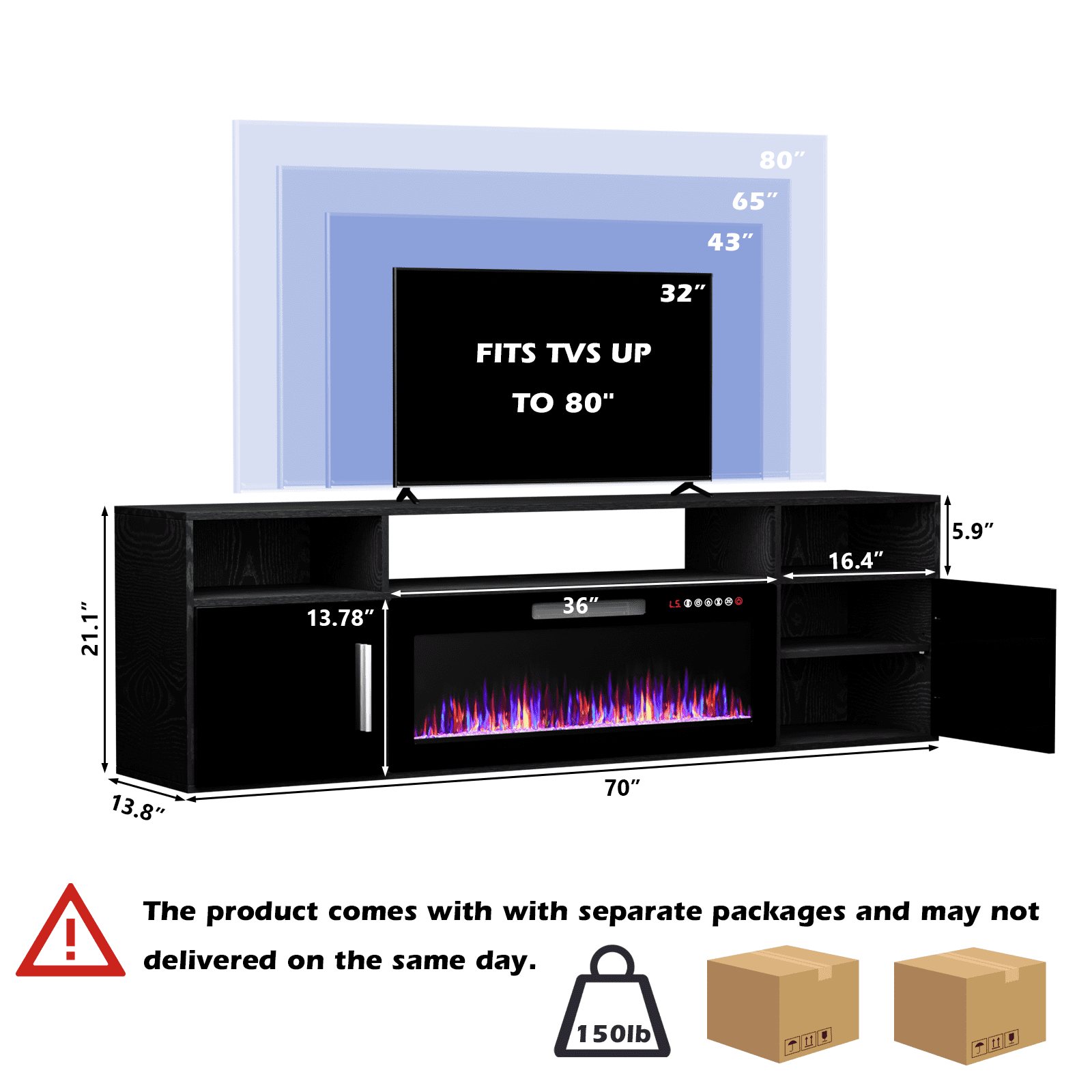 Waleaf 70'' Floating TV Stand with 36'' Electric Fireplace, Entertainment Center with Adjustable Shelves, Floating TV Console for Living Room,Black