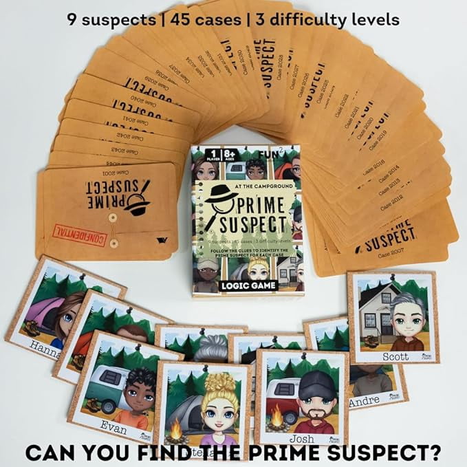 Prime Suspect – Logic Game with 45 Case Cards | Single Player or Group Play | Ages 8+ | Compact Brain Teaser Game | 5 Collectible Editions (Prime Suspect: at The Campground)