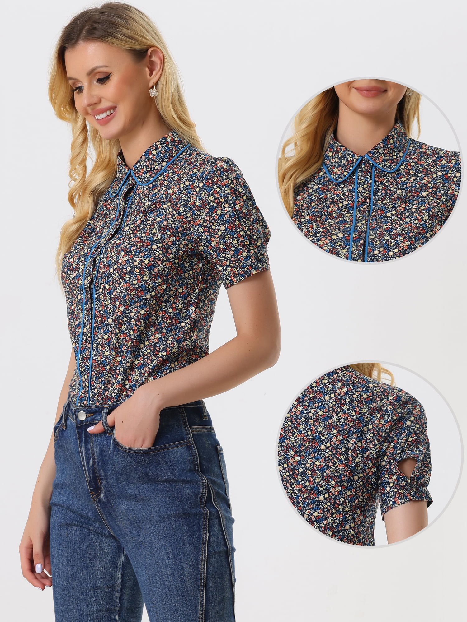 DARING DIVA Contrast Trim Puff Sleeve Peasant Shirt S Dark Blue