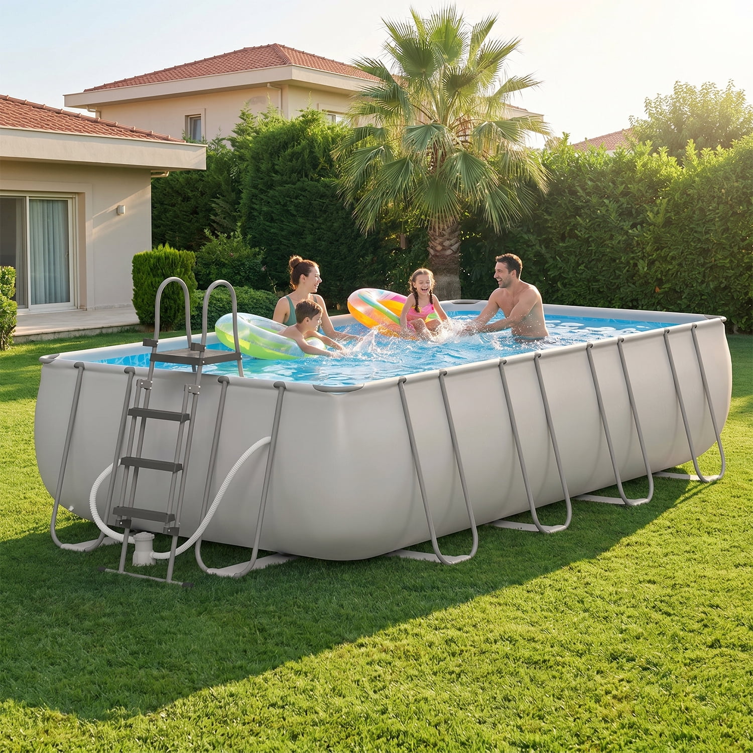 BaPiPro 18' U-Frame Swimming Pool, Gray, Thickened PVC Liner, with Filter Pump, Removable Ladder & Pool Cover, Spacious for Multiple People, Perfect for Parties and Daily Summer Use